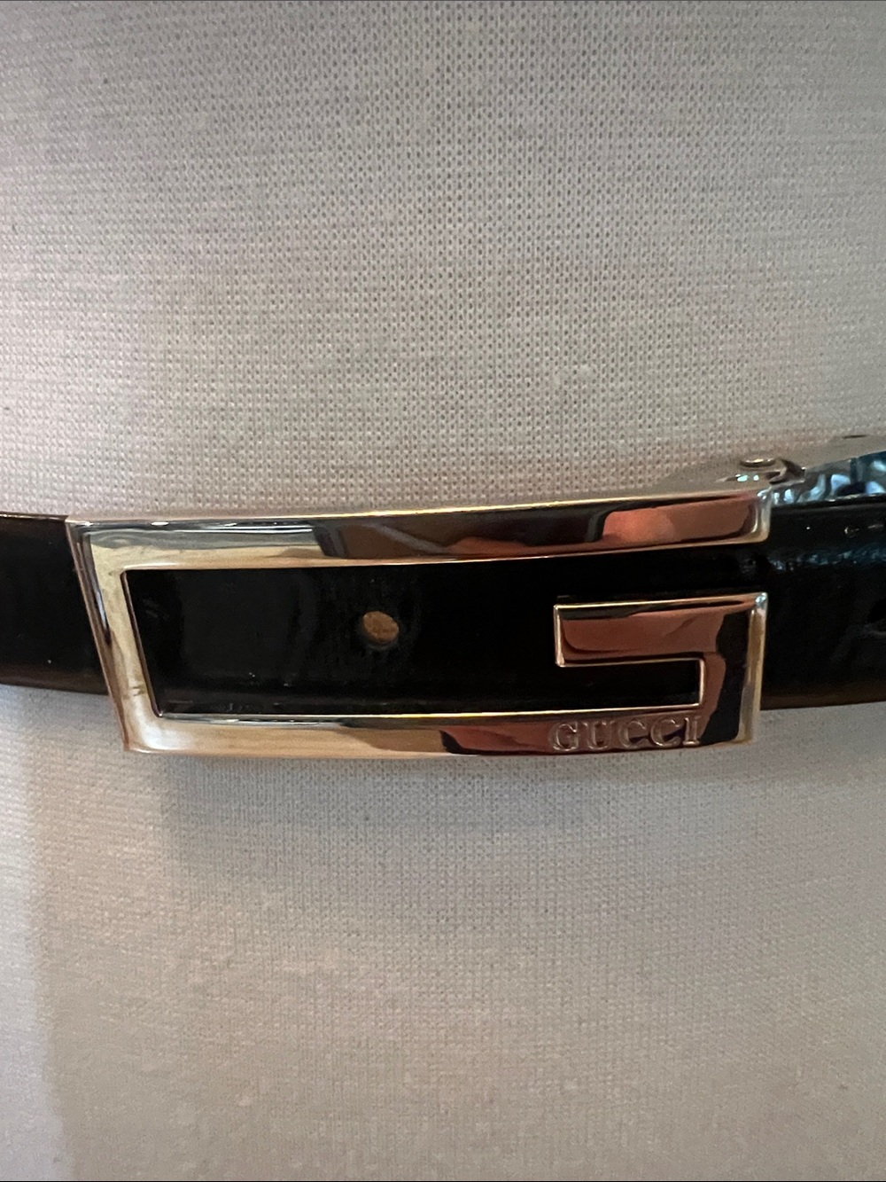 Gucci Black Patent Leather Belt with Gold-Tone G Buckle